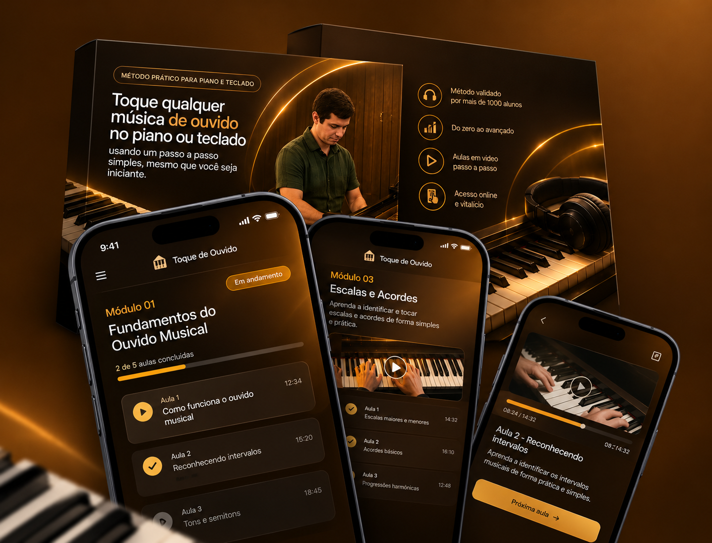 Mockup do Método Piano de Ouvido em celulares e material impresso